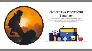 Father holding his child silhouetted against the sunset sky, paired with an illustration of a briefcase, tie, and cup.