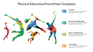 Illustrative slide showing colorful athletes in action, categorized into three numbered sections and text area.