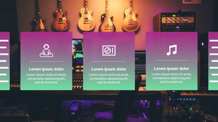 Music themed Google Slides template with icons for music, DJing, and sound equipment, over a studio backdrop.