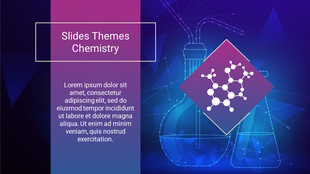 A purple gradient left panel with text and molecule icon in a diamond shape, all set on a blue chemistry themed background.