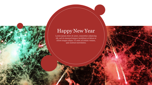 New Year themed slide with red circles framing a message, set against a vibrant fireworks background.