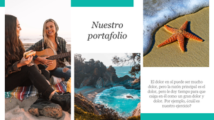 Collage featuring Plantilla Moderna PowerPoint friends on a beach, a coastal waterfall, and a starfish on the sand.