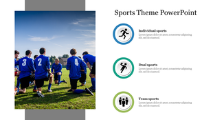 Blue-clad players in a team huddle, paired with a PowerPoint design highlighting sports categories.