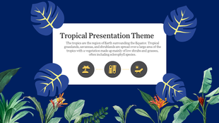 Tropical themed slide with large tropical leaves and flowers framing a white text box on a blue backdrop.