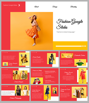 Fashion Google slides presentation template featuring a vibrant design with images of models and fashion elements.