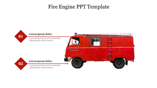 Red fire truck illustration with two text areas on the left, each marked by numbered diamonds for labeling sections.