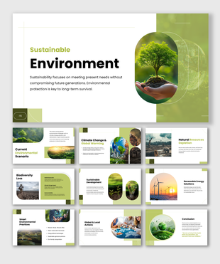 Environment theme PPT highlighting sustainability, climate change, biodiversity, resources, and eco-friendly solutions.