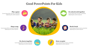 Colorful PPT for kids, featuring icons for play, singing, schoolwork, reading, and drawing with a photo of children playing.