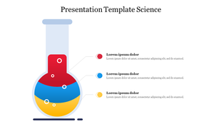 Science themed PowerPoint slide with a beaker containing red, blue, and yellow liquids with placeholder text.