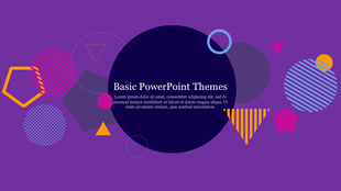 Central dark navy circle with text surrounded by colorful patterns and geometric elements on a purple background.