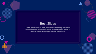 Colorful slide design with geometric shapes in various colors on a deep blue background, and a a centered text box.