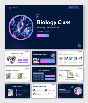 Modern biology presentation template featuring DNA, cells, genetics, photosynthesis, and classroom science concepts.