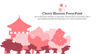 Slide featuring a serene pink pagoda with blooming cherry blossom trees and a peaceful quote about inner freedom.