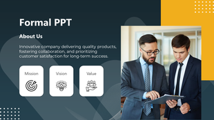 Two men in suits reviewing a file with a formal presentation text section including icons for mission, vision, and value.