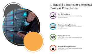 A business professional using a tablet within overlapping black and orange circles, and four colored captions on the right.