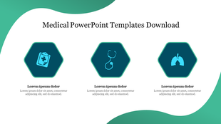 Medical PowerPoint slide featuring icons for healthcare, stethoscope, and lungs in hexagonal sections with placeholder text.