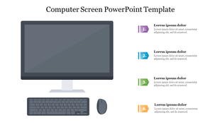 PowerPoint slide featuring a computer screen and peripherals, with four colorful numbered text boxes on the right.