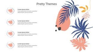 Tropical themed slide with leaves in coral and blue, and space for text descriptions in a minimal, pretty design.