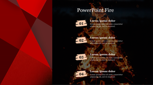 Slide with bold red triangles and a fire image in the background, featuring four numbered text boxes with captions.