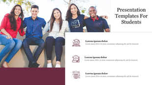Student themed slide with a cheerful group of students and three icons representing education and learning.