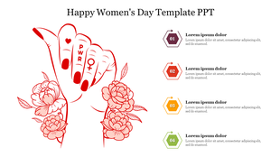 Women's Day slide featuring a hand illustration with PWR and a female symbol, surrounded by floral designs and captions.