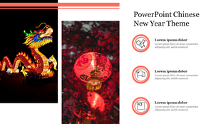 PowerPoint template for Chinese New Year featuring a dragon lantern and red paper lantern with color coded icons and text.