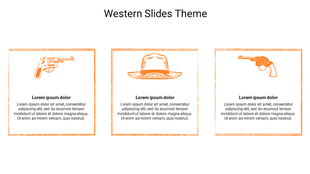 Three orange illustrations of two guns and a cowboy hat inside a square frame with text below, arranged in a row.