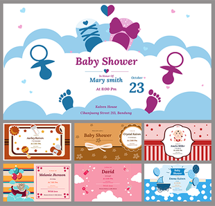 Colorful baby shower invitation slides with playful graphics and event details.