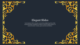 Elegant slide with dark navy background and ornate gold floral corner borders framing a centered title and text.