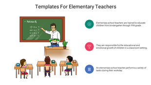 Illustration of a teacher pointing to a chalkboard with children seated at desks, and three circular icons with captions.