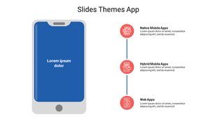 App-themed slide featuring an illustration of a smartphone and three labeled app categories with red circular icons.