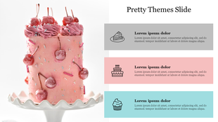 Pretty-themed slide design with a decorated cherry cake on a stand and text sections in gray, pink, and blue.
