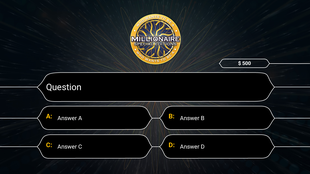 Game show themed slide with a question and four answer options on a dark backdrop.