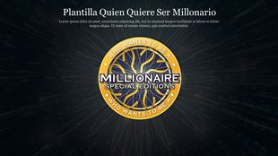 Plantilla Quien Quiere Ser Millonario themed template with the show's iconic circular logo and dark background.