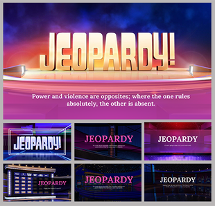 Slide showcasing the Jeopardy logo, game show scenes, and dramatic lighting background with a presentation layout.