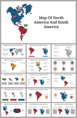 Slide deck showcasing detailed maps of North and South America, with country outlines, flags, and color coded data points.