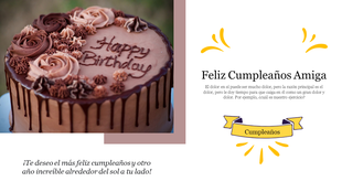 Feliz cumpleanos amiga birthday cake with chocolate roses and Happy Birthday written on top next to a birthday message.