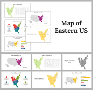 Slide deck of five different maps of the Eastern United States, each map highlighting specific regions in different colors.