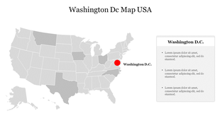 Slide featuring a map of the United States highlighting Washington D.C. with a red dot and text area on the right.