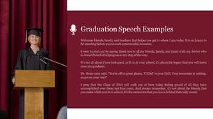 A graduate in a cap and gown stands at a podium delivering a speech, with a maroon textbox highlighting key points.