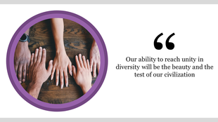 Purple bordered circle with diverse hands on wood background beside a diversity quote on white area.