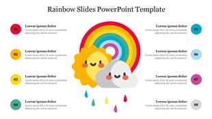 Colorful Rainbow PowerPoint template with numbered circles and cheerful design with placeholder text.