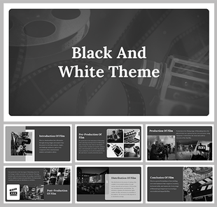 Slide deck with a black and white film theme, showcasing stages like pre and post production with grayscale visuals.