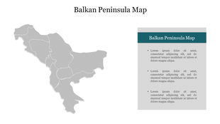 Balkan peninsula map slide showing country borders, accompanied by a text section for further description.