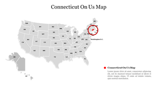 Map of the United States with Connecticut highlighted in red with placeholder text.