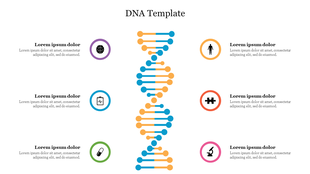 Central colorful DNA graphic with six icons and text placeholder descriptions on either side.