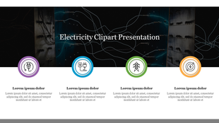 Electricity themed PowerPoint slide with icons for power plug, socket, transmission tower, and energy meter.