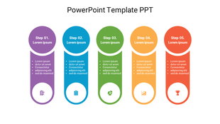 Template with five colorful steps in purple, blue, green, yellow, and orange, each with icons and space for text.