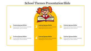 Colorful school featuring a cheerful red haired girl, open book graphic, and six sections in a symmetrical format.