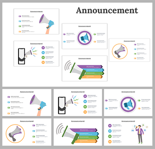 A variety of announcement PowerPoint slides featuring megaphones, arrows, and mobile phone icons with colorful elements.